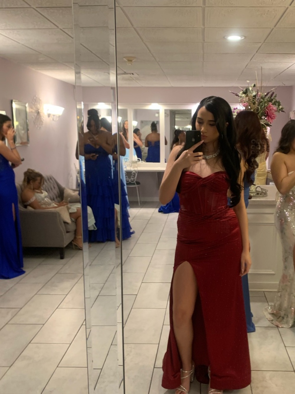 Strapless Red Prom Gown with High Slit